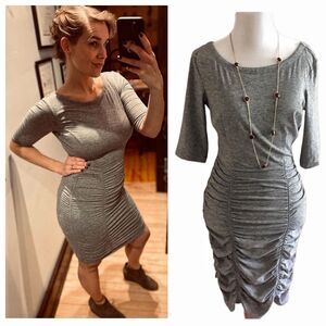 BCBG Ruched Dress Black Grey Stripe Going Out Small Flattering